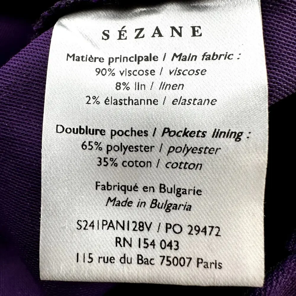 Sezane Giovanni Trousers Linen Pants Pocket Wide Leg Baggy High Waisted Purple 8